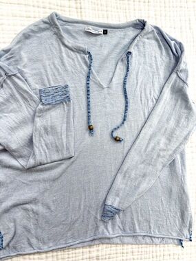 Zaket & Plover Blue Knit Top Silk Blend Tie Neck Lightweight S
